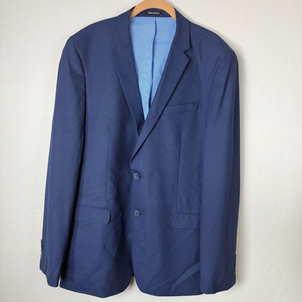 Egara Men's 44 Long Skinny Fit Stretch Suit Blazer Navy Blue Gingham Lined